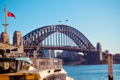 View of the Sydney Harbor Bridge, taken from the ferry terminal of Circular Quay.